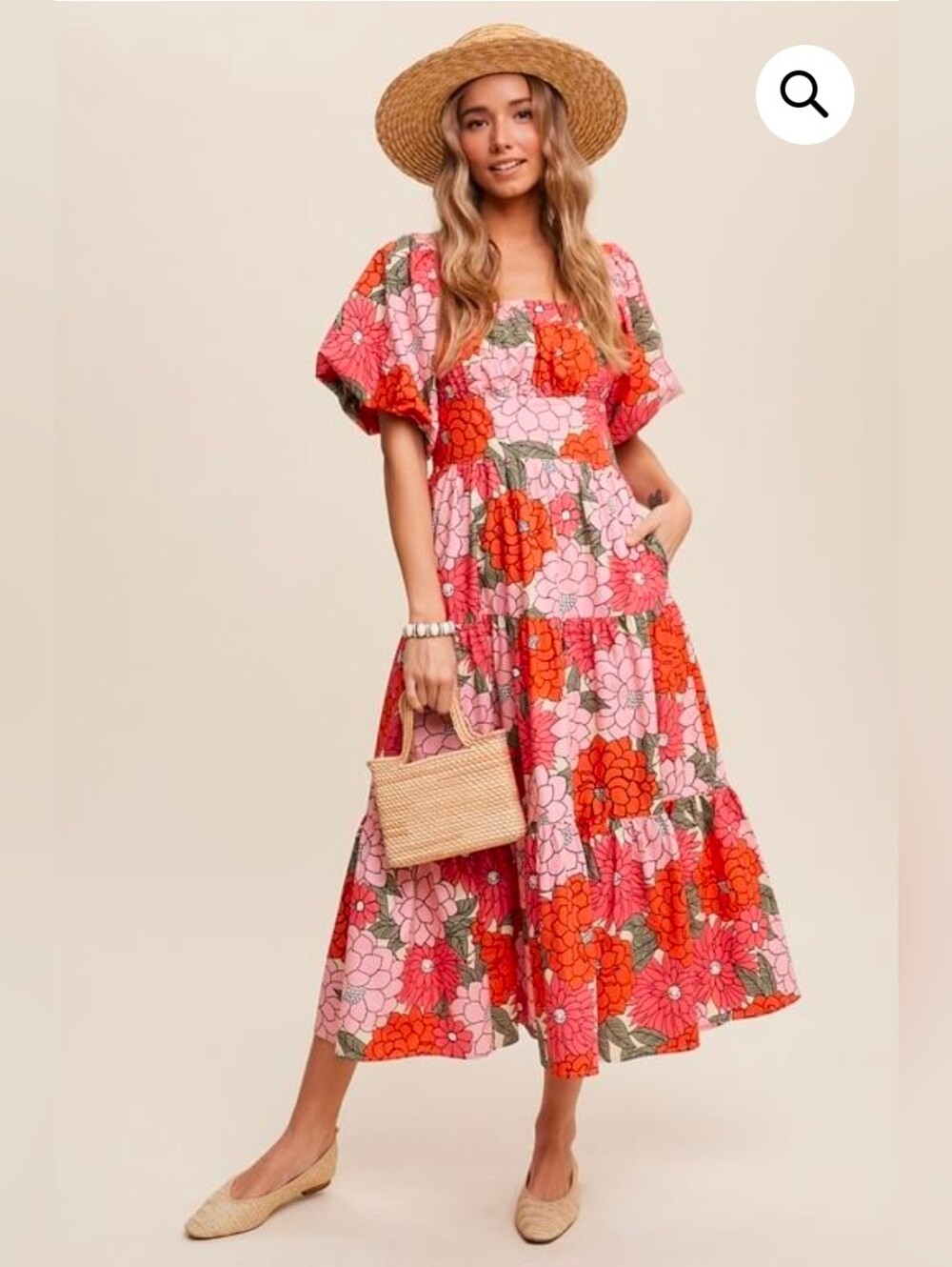Listicle Floral Puff-Sleeve Midi Dress in Pink & Red
